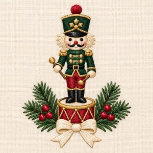 May include: An embroidered nutcracker figure wearing a green and red uniform with gold accents, standing on a red drum. The figure is flanked by green pine branches with red berries and a cream-colored bow at the base, all on a textured fabric.