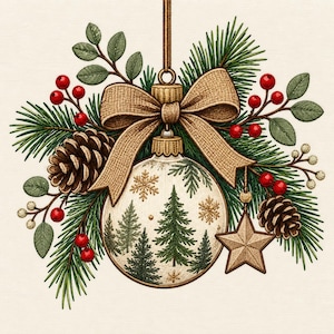 Op de afbeelding: Een ronde kerstbal met een bosscène van groene dennenbomen en gouden sneeuwvlokken. De bal is bekroond met een beige jute strik en omringd door dennennaalden, bruine dennenappels, rode bessen en een kleine gouden ster als hanger.