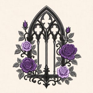 May include: An embroidery design featuring a black gothic arched window frame surrounded by climbing vines with detailed grey leaves and vibrant purple roses in various stages of bloom, including several buds and fully opened flower heads.