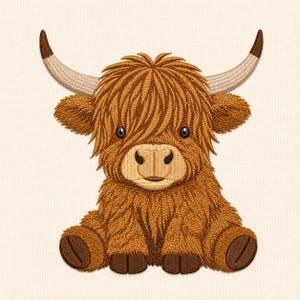 Puede incluir: Un parche bordado que muestra una vaca Highland marrón con cuernos largos y curvos, pelaje desgreñado y un hocico de color tostado claro. El diseño presenta costuras detalladas en tonos marrón, tostado y crema de un ternero sentado.
