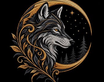 Disegno per ricamo Lupo Celeste, Foresta Lunare, File per Macchina da Ricamo (Download Digitale)