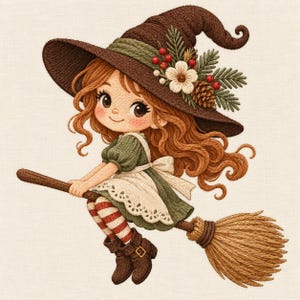 Puede incluir: Una ilustración bordada de un personaje con largo cabello castaño ondulado que lleva un sombrero puntiagudo marrón decorado con una flor blanca, agujas de pino y bayas rojas. El personaje viste un vestido verde, un delantal blanco y medias a rayas.