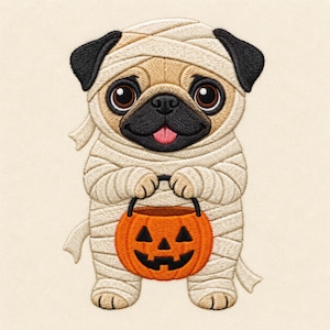 Puede incluir: Un diseño bordado de un perro pug disfrazado de momia, envuelto en vendas beige con orejas y hocico negros. El pug tiene grandes ojos marrones, una lengua rosa y sostiene un cubo de dulces naranja con forma de calabaza de Halloween.