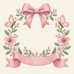 Pode incluir: Um design de bordado apresentando uma guirlanda circular de flores cor-de-rosa, folhas verdes e pequenas bagas. Um grande laço cor-de-rosa fica no centro superior, enquanto duas borboletas estão posicionadas nas laterais. Uma fita rosa está na parte inferior.