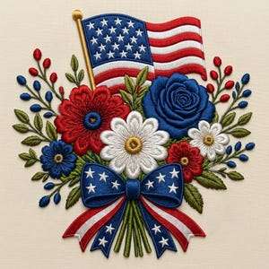May include: Embroidered floral design with an American flag, red, white, and blue flowers, and a star-studded bow. The arrangement includes a blue rose, daisies, and berries, all in a patriotic theme.