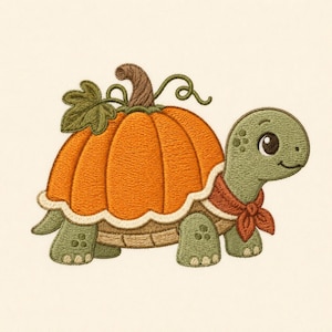 May include: An embroidered design of a turtle with a bright orange pumpkin as its shell. The turtle is light green with a dark green leaf on top of the pumpkin and a rust-colored bandana tied around its neck, all rendered in detailed stitching.