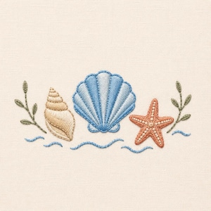 Diseño de bordado de conchas marinas, archivo de bordado a máquina de conchas de playa y estrellas de mar, descarga digital de temática costera y oceánica.
