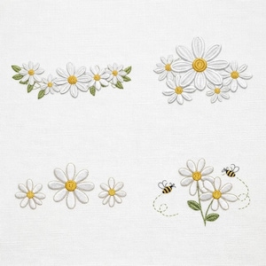 May include: White daisy embroidery designs with yellow centers and green leaves. The image features four different arrangements of the daisy embroidery, including a border, a cluster, and daisies with bees.