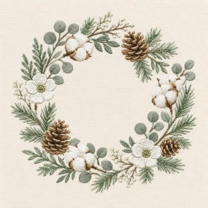 Pode incluir: Um design de bordado apresentando uma guirlanda circular composta por bolas de algodão brancas, pinhas castanhas, folhas de eucalipto verdes, agulhas de pinheiro e pequenas bagas brancas sobre um fundo de tecido creme.