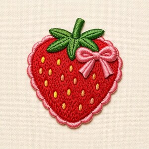 May include: Embroidered strawberry patch with a red body, green leaves, and a pink bow. The strawberry has yellow seeds and a scalloped pink border. The patch is likely for clothing or accessories.