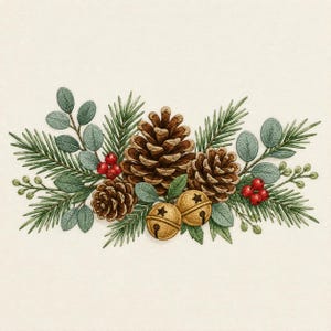 May include: An embroidered illustration of a holiday arrangement featuring three brown pinecones, two gold jingle bells, green pine needles, eucalyptus leaves, and clusters of small red berries, all centered on a plain off-white background.