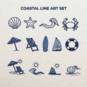 Può includere: Set di Coastal Line Art blu navy. Include illustrazioni di conchiglia, stella marina, onda, granchio, ombrellone, sedia a sdraio, tavola da surf, barca a vela, salvagente e sole. Il testo "COASTAL LINE ART SET" è in alto.