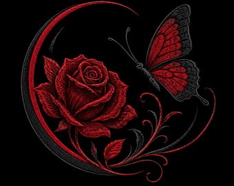Red Rose Moon Embroidery Design, Gothic Butterfly Floral Decor Machine Embroidery File (Digital Download)
