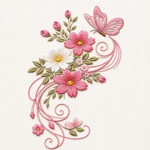 Puede incluir: Diseño floral bordado con flores rosas y blancas, hojas verdes y una mariposa rosa. El diseño incluye detalles delicados y líneas onduladas, creando una composición elegante. Las flores tienen centros amarillos.