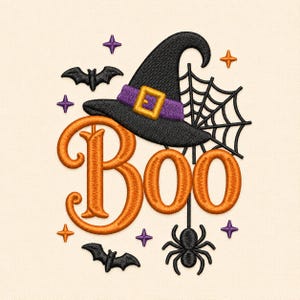 May include: An embroidery design featuring the orange text Boo, a black witch hat with a purple band and yellow buckle, a black spider web, a black spider, two black bats, and small purple and orange four-pointed stars on a cream background.