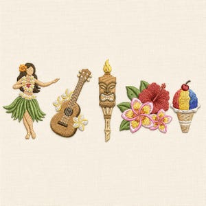 May include: Embroidered image featuring a hula dancer, ukulele, tiki torch, tropical flowers, and a snow cone. The dancer wears a flower lei and grass skirt. The ukulele and tiki torch are brown. The flowers are red and pink.