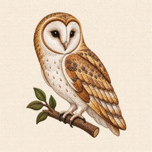 May include: An embroidered barn owl with a white heart-shaped facial disc, dark eyes, and golden-brown feathers with black spots. The owl is perched on a textured brown branch with small green leaves, rendered in detailed thread work.