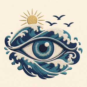 Diseño de bordado "Ojo de Océano", arte de olas, archivo para máquina de coser con temática costera (descarga digital)