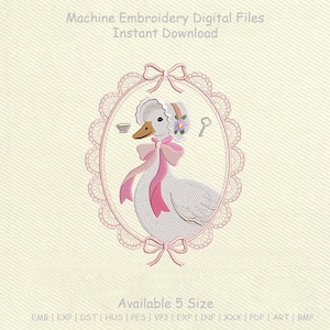 Vintage Goose Embroidery Design, Bonnet Frame, Floral Lace Oval (Digital Download)