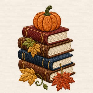 Puede incluir: Un diseño de bordado que muestra una pila de cuatro libros de tapa dura en tonos burdeos, marrón y azul. Una calabaza naranja con un tallo verde se asienta en la parte superior. Varias hojas de arce bordadas en amarillo, verde y naranja decoran la pila.