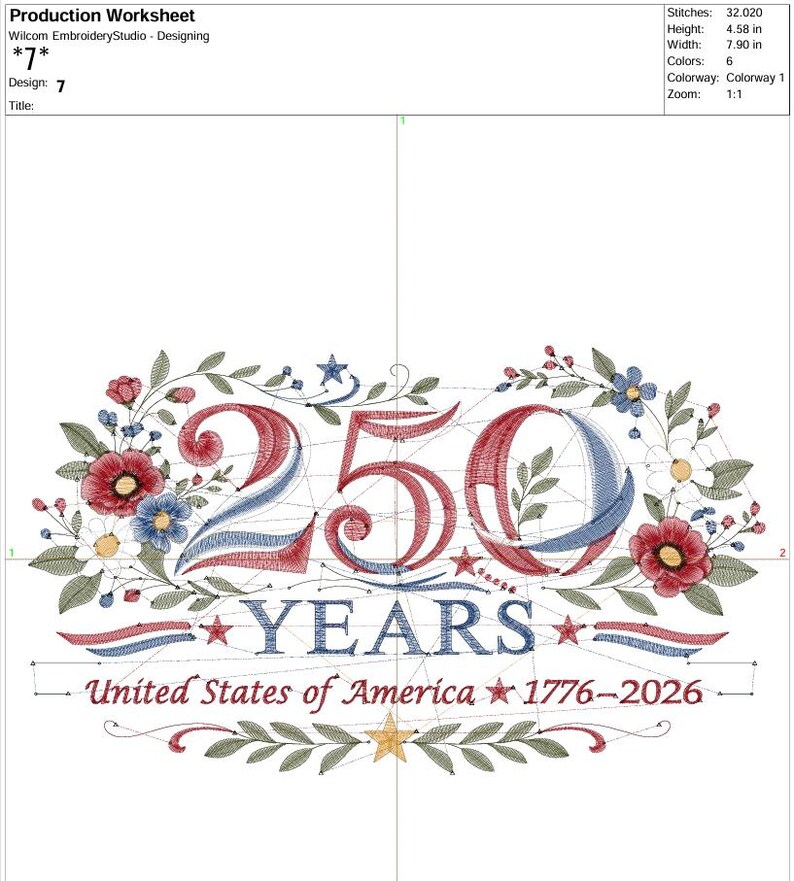 K&ouml;nnte beinhalten: Ein Stickmuster mit der Zahl "250" in Rot und Blau, umgeben von Blumen und Bl&auml;ttern. Der Text "YEARS" und "United States of America 1776-2026" sind ebenfalls enthalten. Das Design ist 20,07 cm breit und 11,63 cm hoch.