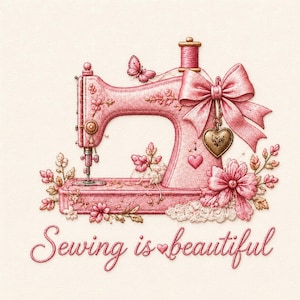 Peut inclure: Illustration d'une machine à coudre rose ornée d'un nœud, d'un charme en forme de cœur et de fleurs. Le texte en cursive dit "Sewing is beautiful". Un papillon est posé sur la machine.