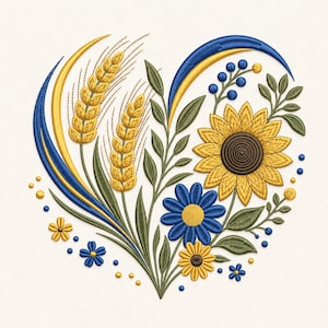 May include: An embroidery design in the shape of a heart featuring yellow wheat stalks, a large yellow sunflower, a blue daisy, and smaller yellow and blue flowers with green leaves and stems, accented by blue and yellow curved lines and dots.