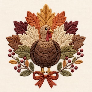May include: An embroidery design featuring a central brown turkey with a red wattle, surrounded by a fan of autumn-colored leaves in shades of gold, orange, and burgundy. Sprigs of red berries and green leaves frame the base with a red bow.