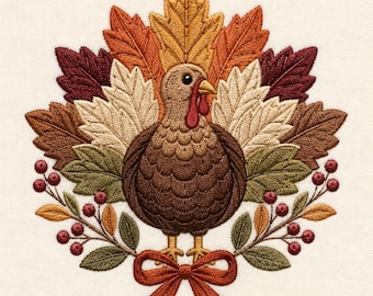 May include: An embroidery design featuring a central brown turkey with a red wattle, surrounded by a fan of autumn-colored leaves in shades of gold, orange, and burgundy. Sprigs of red berries and green leaves frame the base with a red bow.