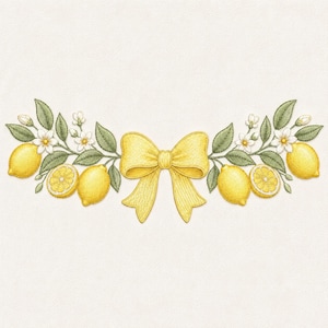 May include: A decorative illustration featuring a yellow bow, lemons, green leaves, and white flowers. The lemons are whole and sliced, arranged in a symmetrical design. The bow is centered, with the lemons and foliage forming a border.