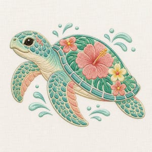 May include: An embroidered sea turtle design featuring a light blue and peach textured skin pattern. The shell displays a vibrant floral motif with large pink hibiscus flowers, smaller yellow and pink blossoms, and green tropical leaves amidst water splashes.