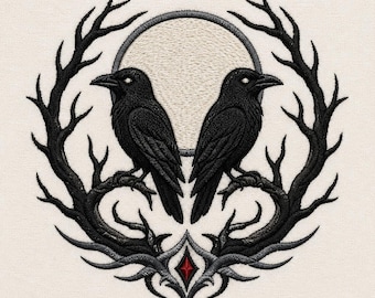 Twin Raven Machine Embroidery File, Gothic Crow Moon Design (Digital Download)