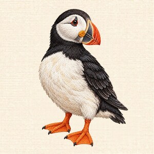 May include: An embroidered puffin bird featuring a black head and back, a white chest, and a bright orange beak with grey accents. The bird has orange webbed feet and is depicted in a side profile view with detailed stitching throughout the plumage.