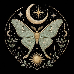 May include: An embroidered circular design on a black background featuring a central pale green moth with gold accents. Above the moth is a gold crescent moon and star, and below is a gold sun. The entire composition is framed by gold beads and leaves.
