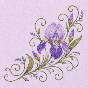 May include: An embroidery design featuring a central purple iris flower with yellow accents, surrounded by green leaves, small purple buds, and intricate swirling vine patterns, all stitched onto a solid light purple fabric background.