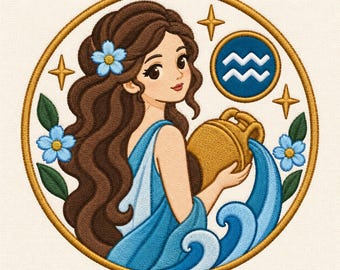 May include: A circular embroidered patch featuring a figure with long brown hair and a blue garment, holding a golden pitcher pouring blue water. The design includes light blue flowers, green leaves, gold stars, and a blue circle with white waves.