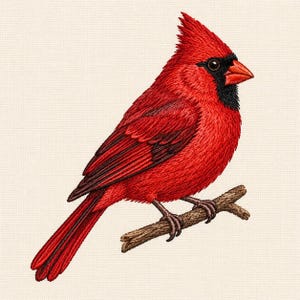 May include: A detailed embroidery design of a bright red northern cardinal bird with a prominent crest, black facial markings around the eyes and beak, and a vibrant orange-red beak, perched on a textured brown twig against a cream background.