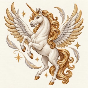 Peut inclure: Une illustration brodée représentant une licorne blanche dotée de grandes ailes déployées aux plumes dorées et argentées. La licorne possède une crinière et une queue dorées fluides, une corne dorée en spirale et des sabots dorés, entourée d'étoiles.