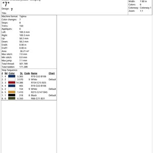 K&ouml;nnte beinhalten: Produktionsarbeitsblatt von Wilcom EmbroideryStudio, das Designspezifikationen detailliert. Enth&auml;lt Stichzahl, Abmessungen (11,63 cm hoch, 20,07 cm breit), Farbinformationen und Stoppsequenz f&uuml;r die Stickproduktion. Das Design ist mit "7" gekennzeichnet.