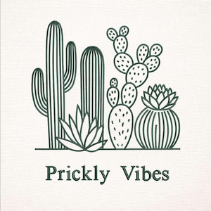 Puede incluir: Un dibujo lineal verde oscuro de varios cactus y suculentas sobre un fondo blanco. El texto "Prickly Vibes" está debajo de las plantas. La imagen presenta una variedad de formas de cactus, incluyendo cactus altos y columnares.