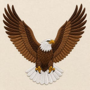 Puede incluir: Un parche bordado que muestra un águila calva en vuelo con las alas completamente extendidas. El águila tiene la cabeza y la cola blancas, el cuerpo marrón oscuro y plumas marrones en capas en las alas. Tiene un pico amarillo y garras amarillas extendidas.