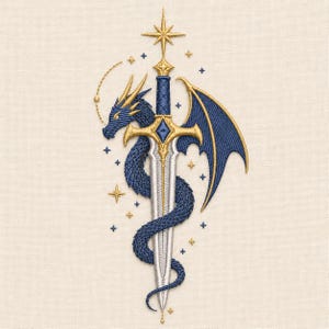 May include: Embroidered design of a blue dragon wrapped around a silver sword with gold detailing. A gold star sits atop the hilt, with small gold stars and blue crosses scattered around. The artwork is set against a cream-coloured background.