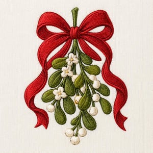May include: An embroidered design featuring a vibrant red ribbon tied into a bow at the top, with long flowing tails. Below the bow, a cluster of green mistletoe leaves and small white berries are arranged in a downward-hanging arrangement.