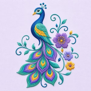 Op de afbeelding: Een ingewikkeld borduurontwerp met een pauw met levendig blauwe, groenblauwe en gele veren. De pauw is omringd door krullende groenblauwe ranken en drie bloemen in paarse en gele tinten, allemaal geborduurd op een lichtpaarse stof.