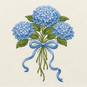 May include: Embroidered image of a bouquet of blue hydrangea flowers with green leaves and stems, tied with a light blue ribbon. The flowers are in full bloom, and the ribbon has long, flowing tails. The background is a cream color.