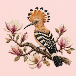 May include: A detailed embroidery piece featuring a hoopoe bird with a prominent orange crest, black and white striped wings, and a long thin beak, perched on a textured brown branch surrounded by several blooming pink and white magnolia flowers.