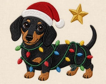 May include: An embroidered black and tan dachshund wearing a red and white Santa hat, wrapped in a string of colorful Christmas lights, with a gold embroidered star positioned above the dog on a light cream fabric background.