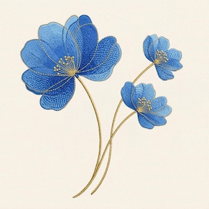 May include: Embroidered blue flowers with gold accents on a cream background. The flowers have detailed stitching and a delicate appearance. The stems are a golden color, and the overall design is elegant and artistic.