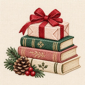 May include: An embroidery design featuring a stack of three books topped with a gift box tied with a red ribbon. The books are green, pink, and cream, decorated with gold stitching. A pine cone, green pine needles, and red berries sit at the base.