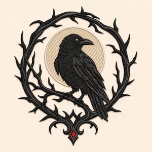Raven Moon Embroidery Design, Gothic Crow in Thorn Wreath Machine Embroidery File (Digital Download)